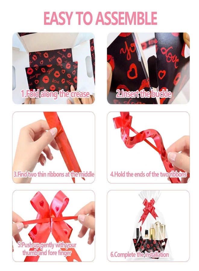 CUUSNNY 12 Set Valentines Day Gift Basket Empty, Love Heart Valentines Baskets Cardboard Box with Cellophane Bags and Ribbons for Gift Giving, Wedding, Anniversary Decor (red) - Image 3